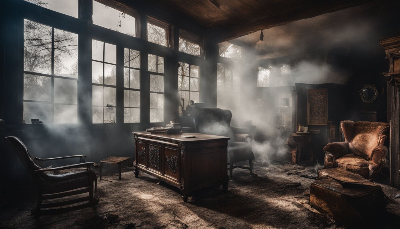 A smoke-damaged home interior with soot-covered furniture.