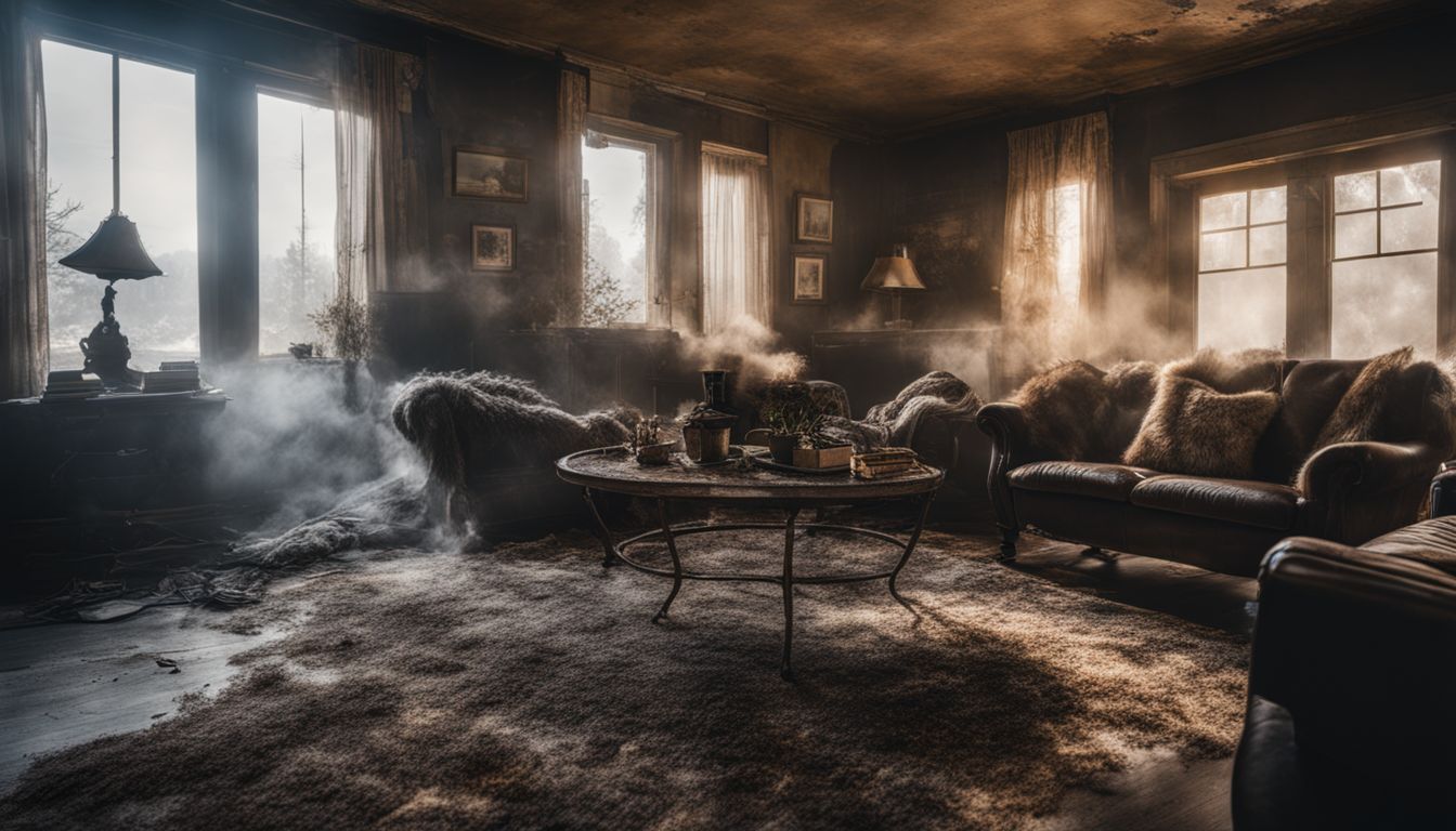 A smoke-damaged living room with soot-covered furniture and a bustling atmosphere.