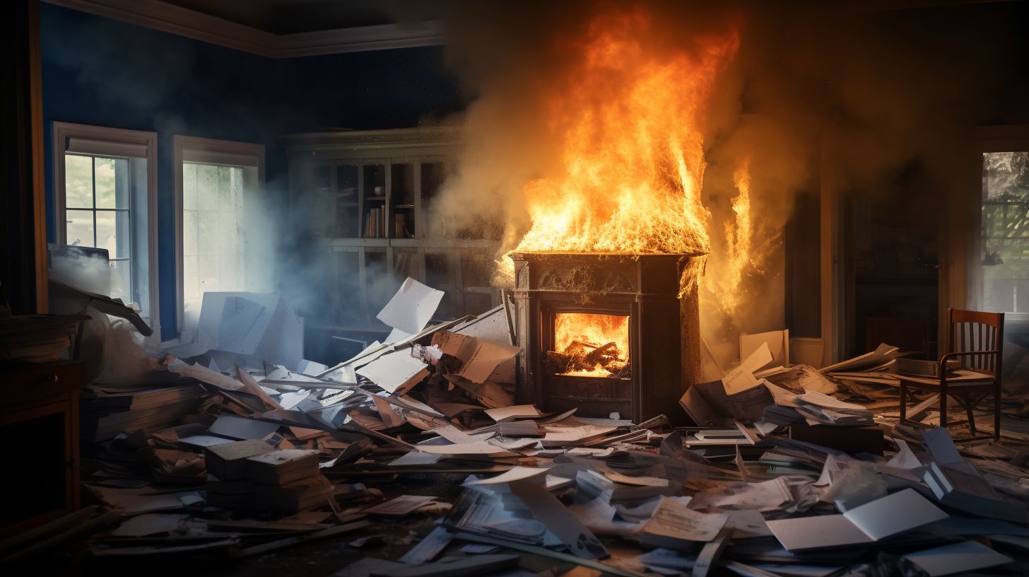 A smoke-damaged property with disorganized paperwork and a fire extinguisher.