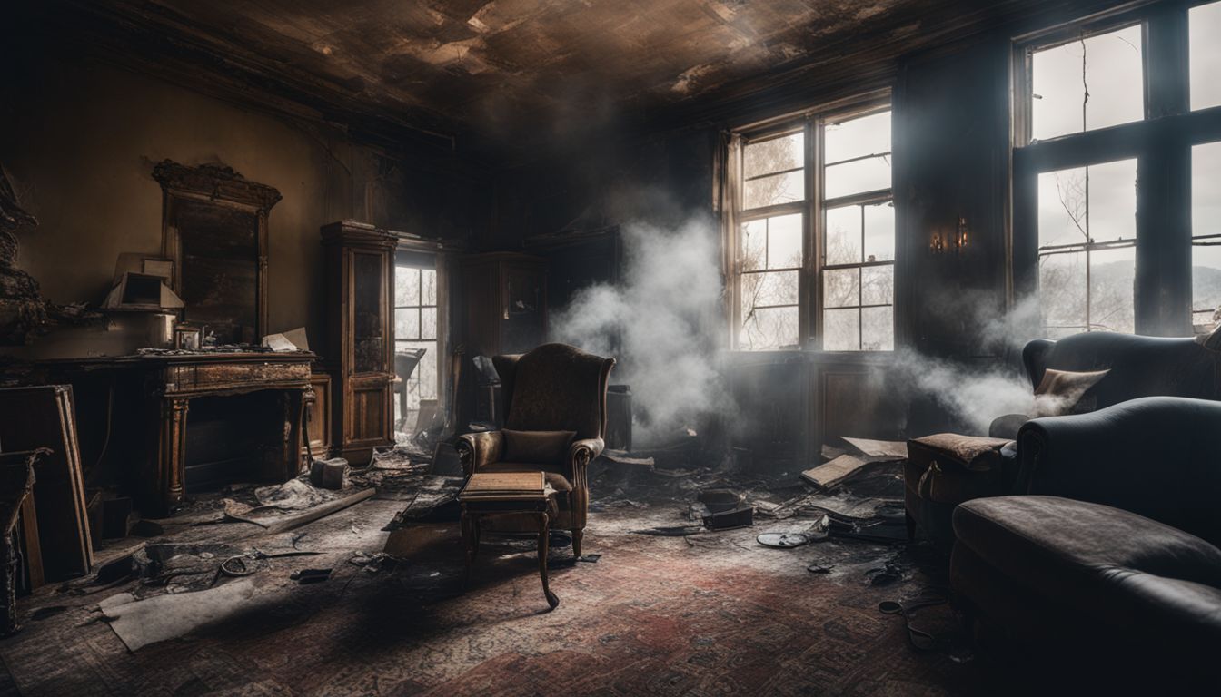 The smoke-damaged interior of a home with damaged belongings.
