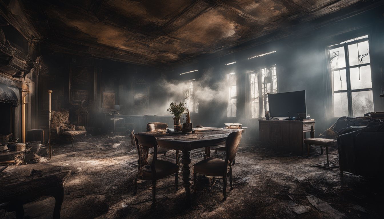 The photo shows a smoke-damaged interior with soot-covered walls and furniture.