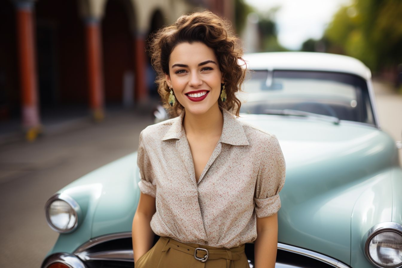 A smiling woman in vintage attire poses in front of a classic car.