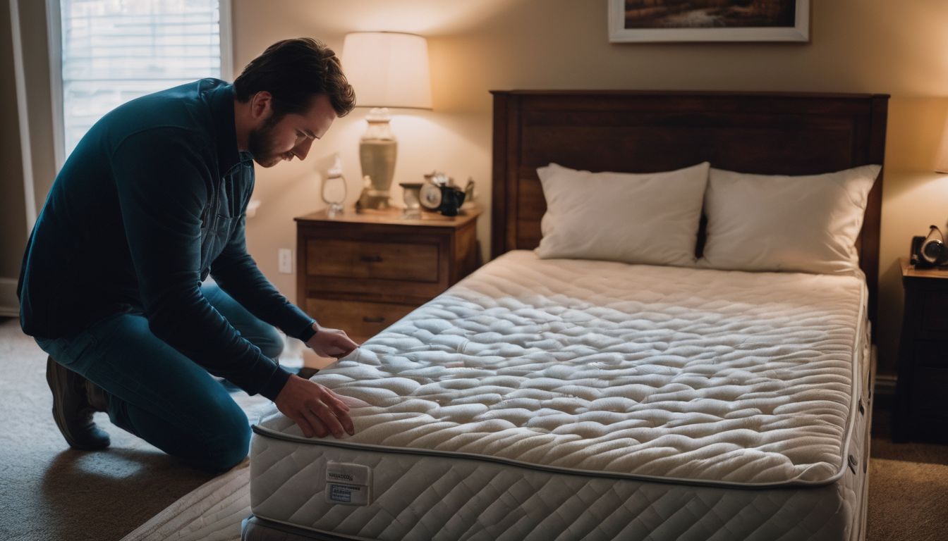 A person using a flashlight to inspect mattress and furniture for bed bugs.