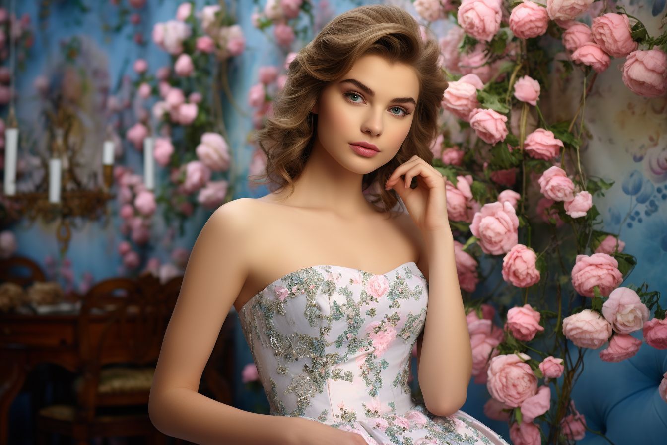 A model in an elegant dress posing in front of floral backdrop.