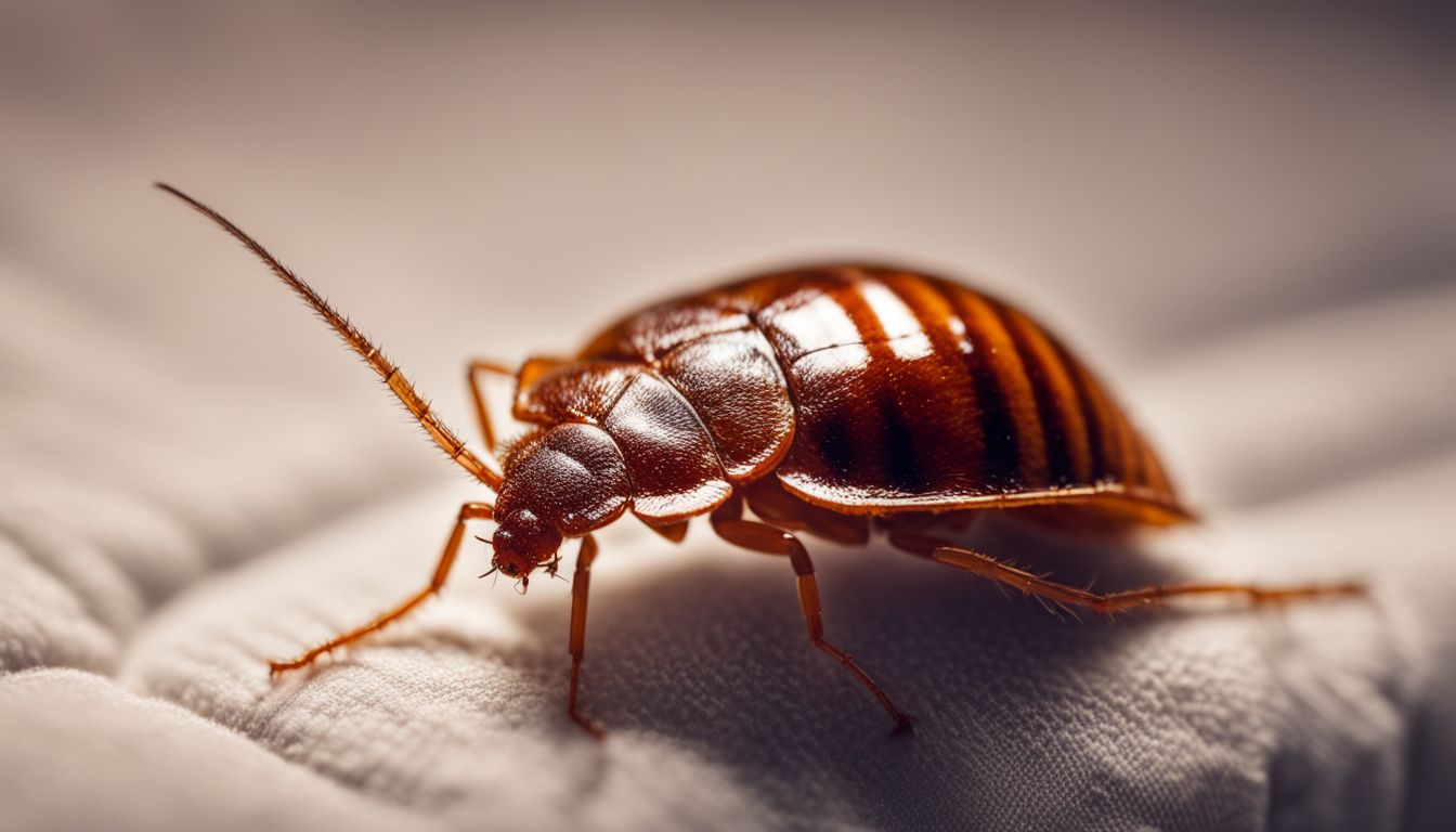 Close-up photo of a bed bug on a mattress with a magnifying glass.