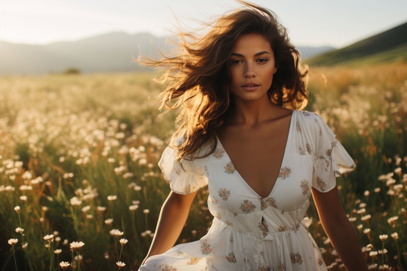 A woman in a white dress standing in a field of wildflowers.