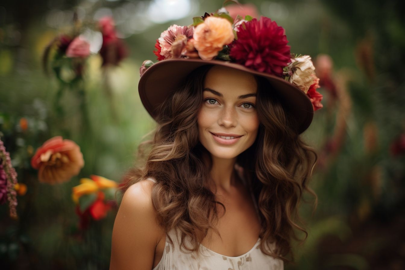 A woman wearing a floral headpiece posing in a garden.