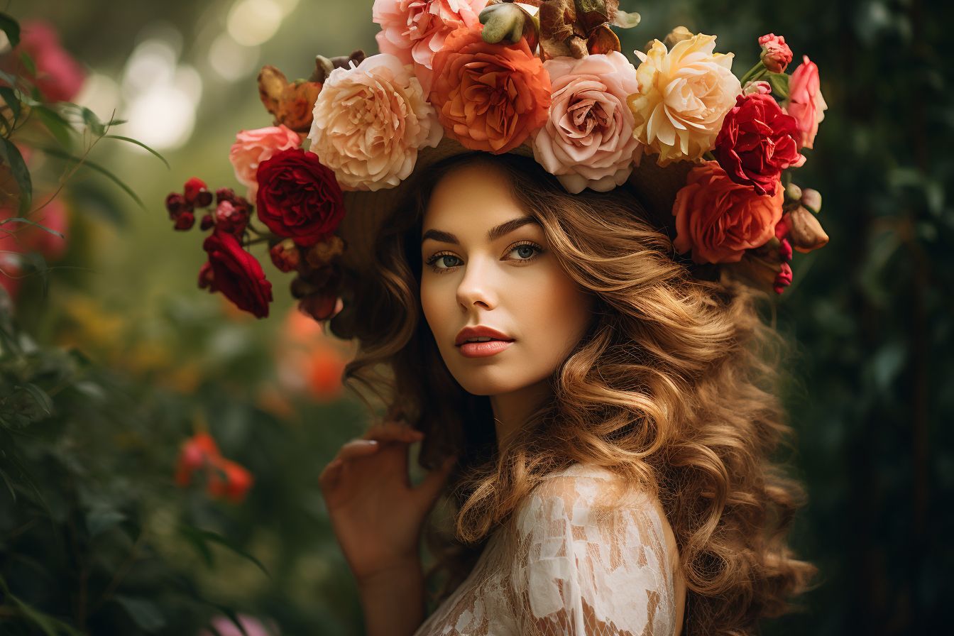 A woman wearing a floral headpiece posing in a garden.