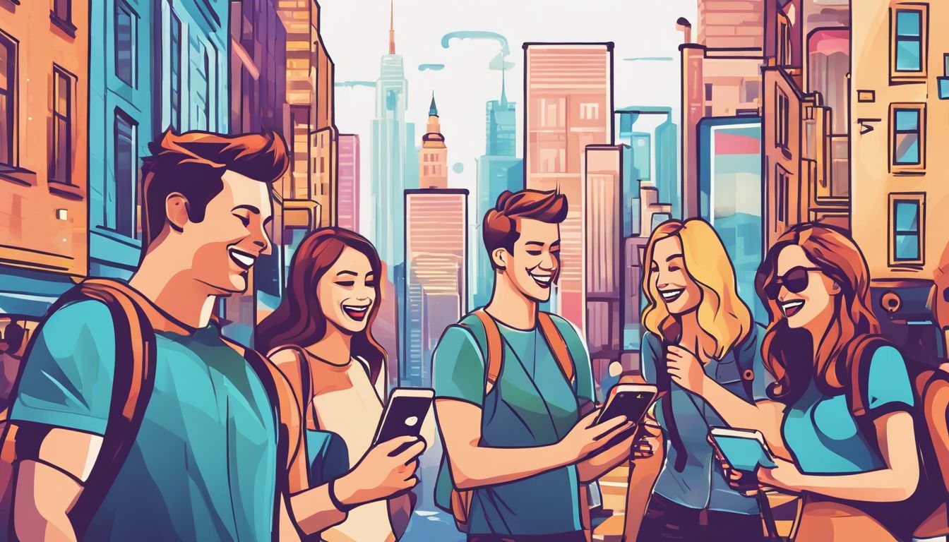 Snapchatのグループチャット機能を使って都市で笑いながらおしゃべりする友達のイラスト。