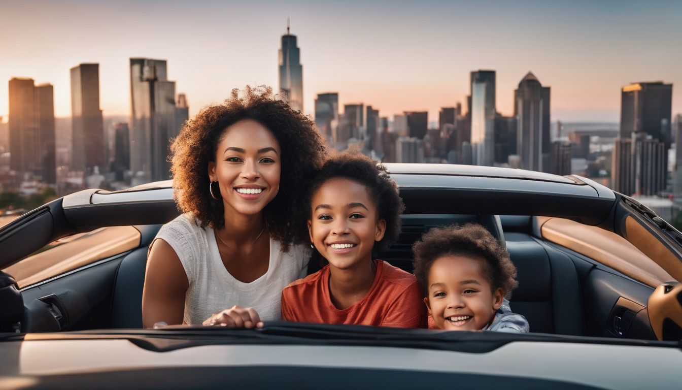 A happy family in a car with the city skyline behind.