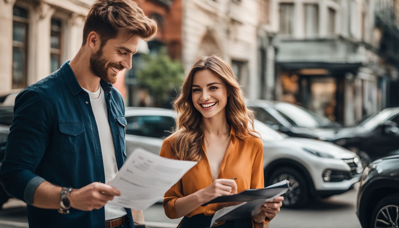 A couple smiling while holding auto insurance documents next to their car.