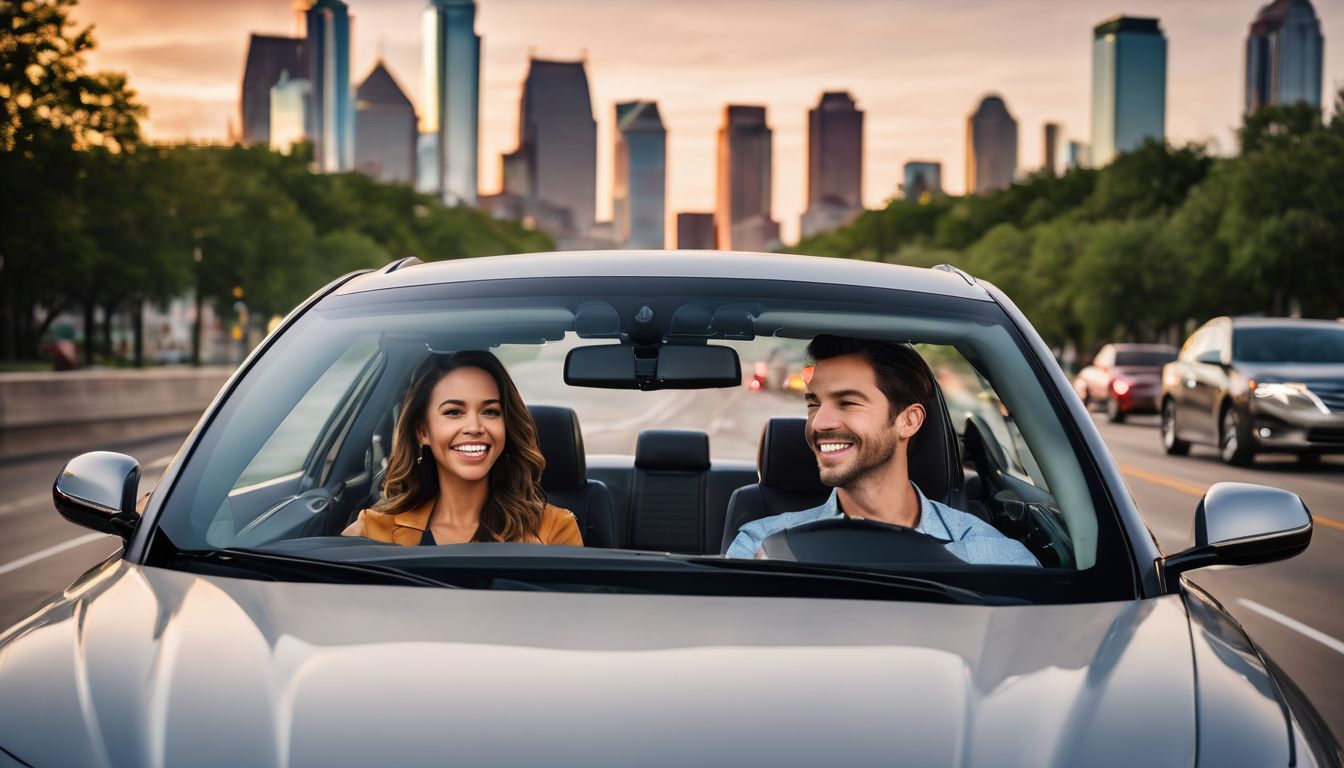 A happy family enjoying a drive with Dallas skyline in background.
