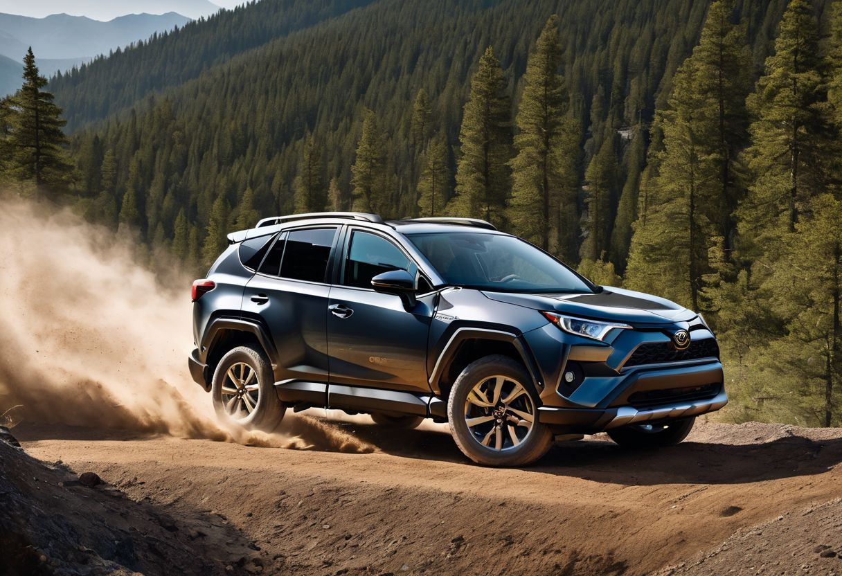 A person drives a Toyota RAV4 on a rugged off-road trail.