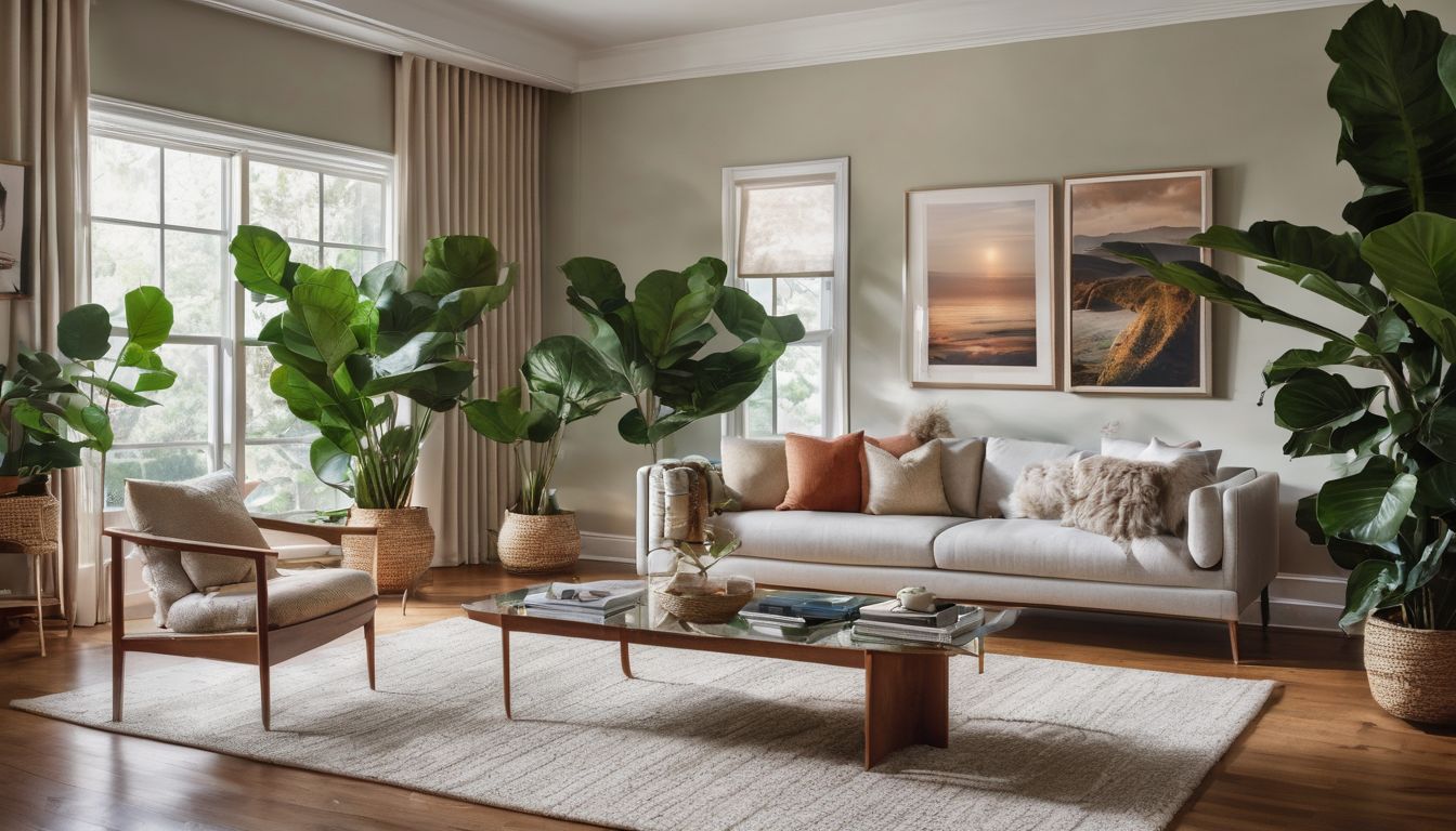 A tranquil living room with vibrant indoor plants and a cozy atmosphere.