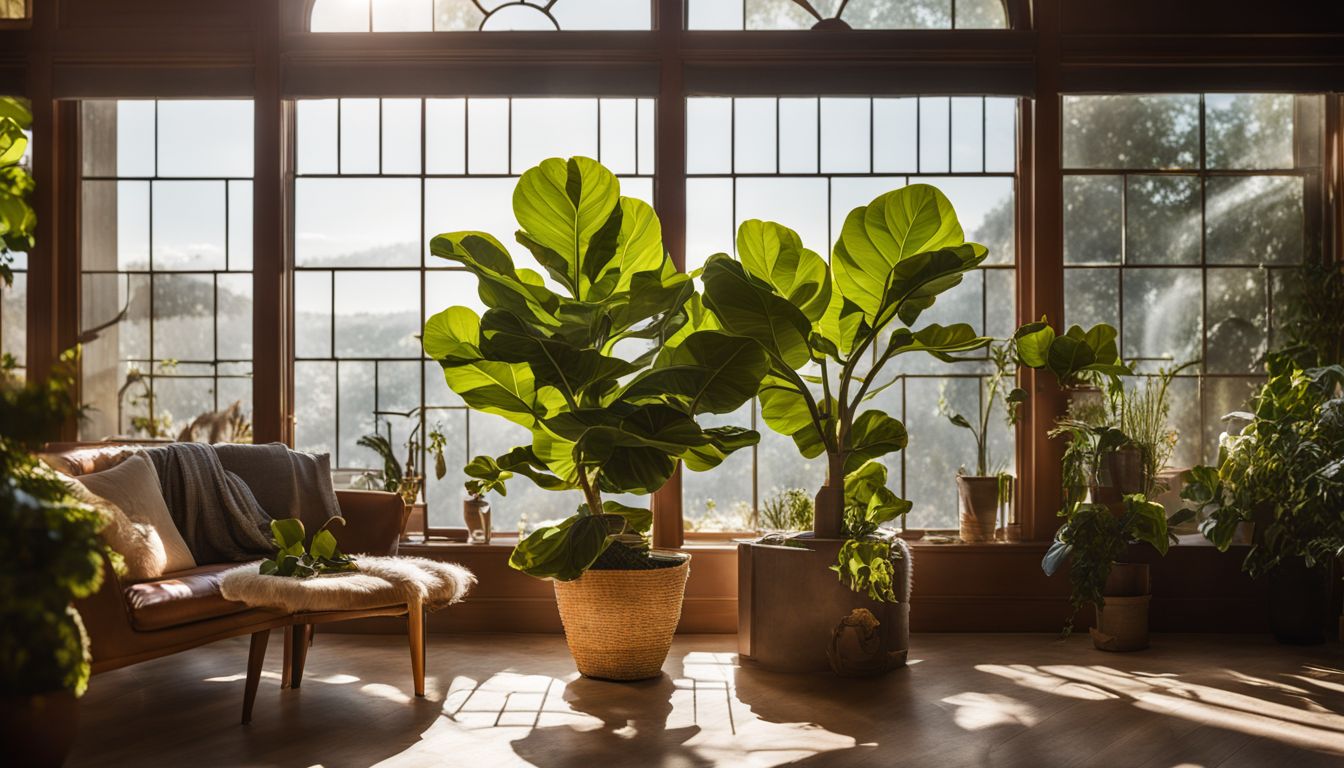 A fiddle leaf fig tree near a bright window with people of diverse appearance.