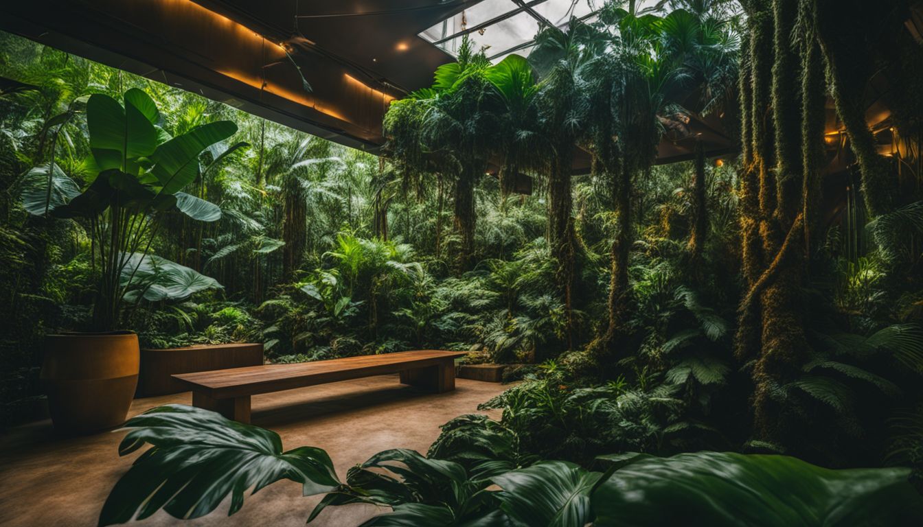 A vibrant indoor jungle with diverse people and fashion, captured in high-quality photography.
