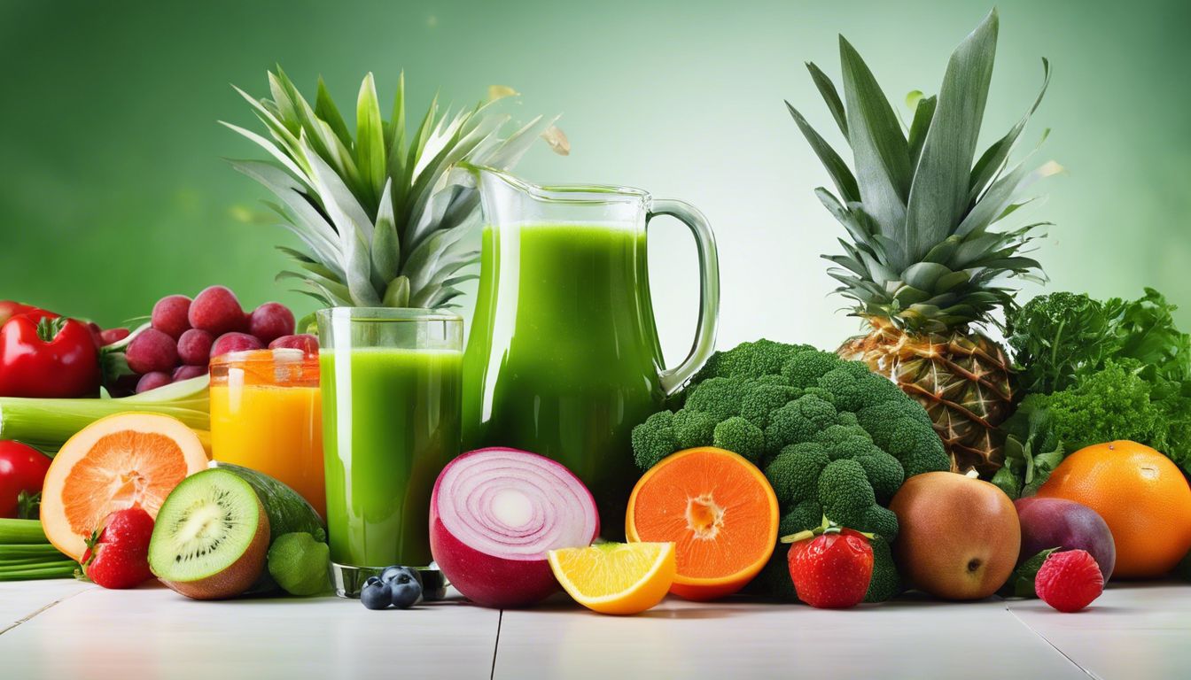 Een glas gevuld met Holland & Barrett's Green Juice omringd door kleurrijke groenten en fruit, gezondheid en welzijn in beeld.