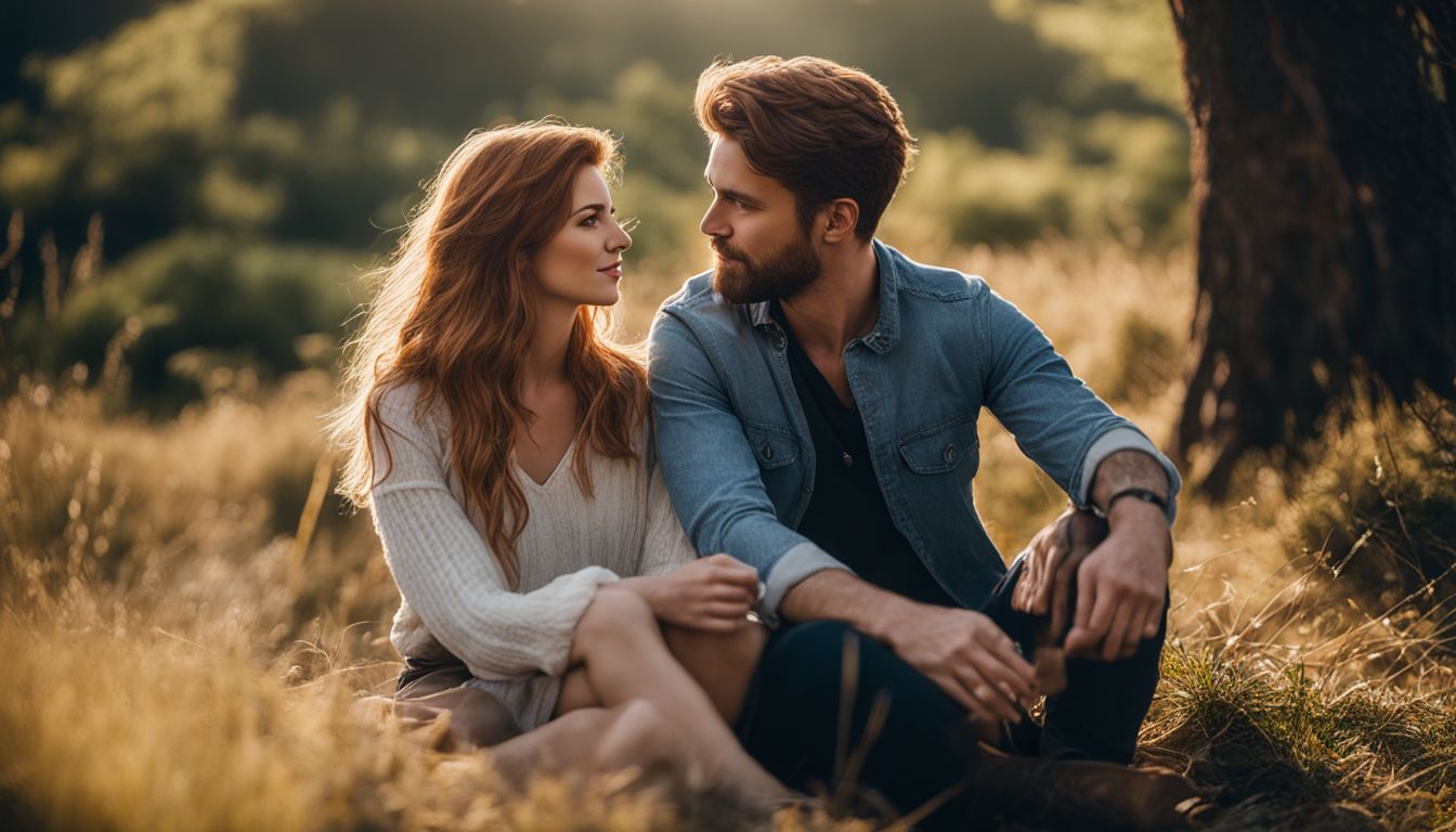 Man and woman sitting under the three on dry grass looking to each other's eyes