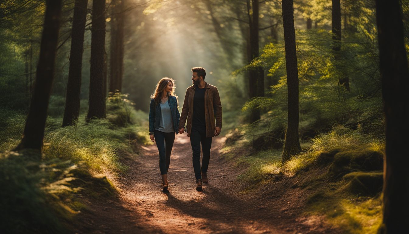 Man and woman walking through the forest while holding hands