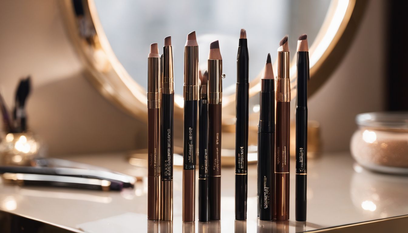 High-quality eyebrow pencils displayed on a modern makeup vanity.