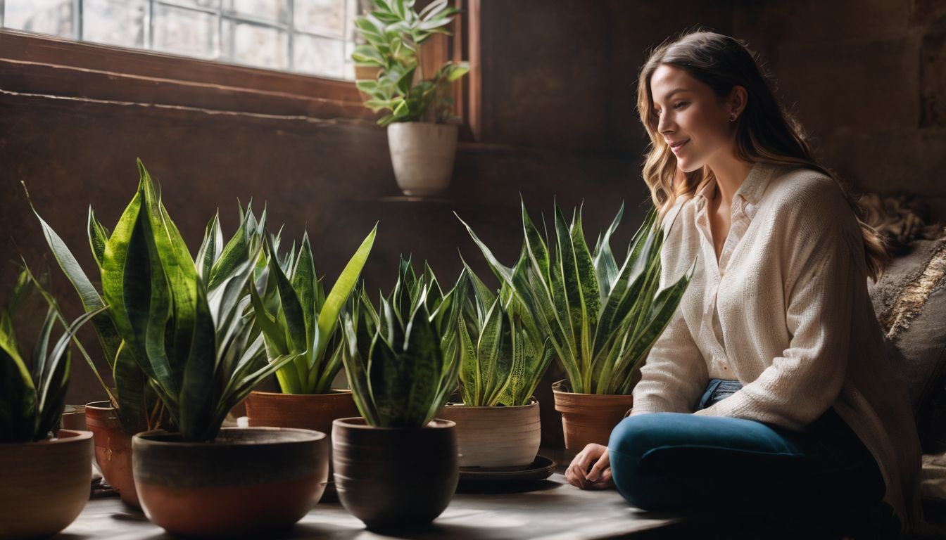 A person admires a thriving snake plant in a well-lit indoor space.