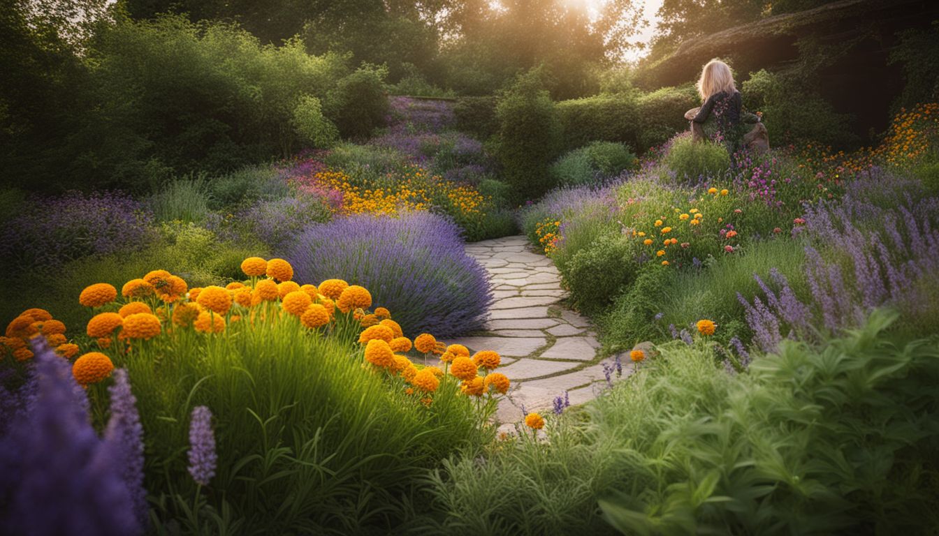 A vibrant garden with various herbs and plants, captured with high-quality photography equipment.