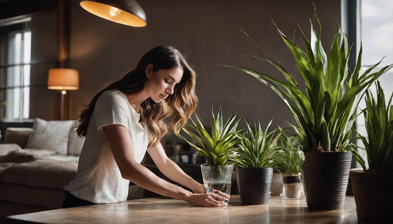 A person watering a snake plant in a well-lit room with a bustling atmosphere.