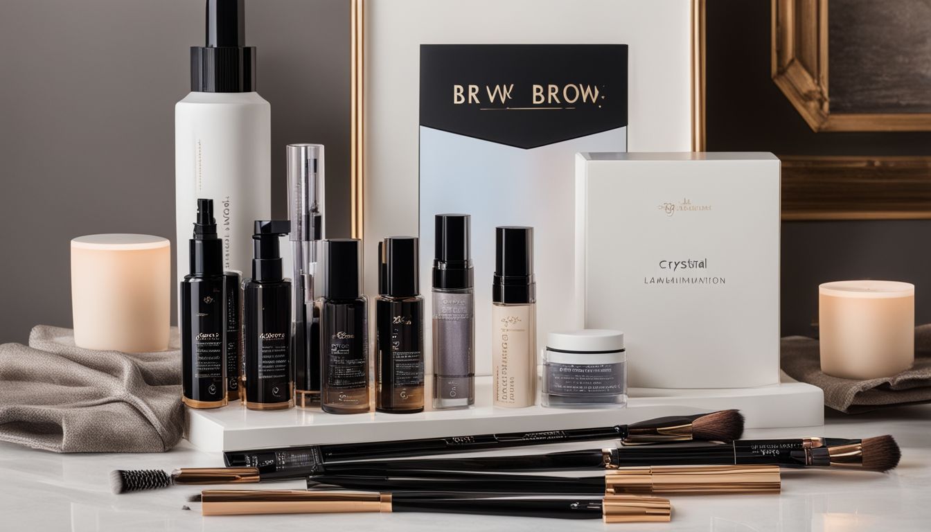 A display of 14 best brow lamination kits on a modern table.