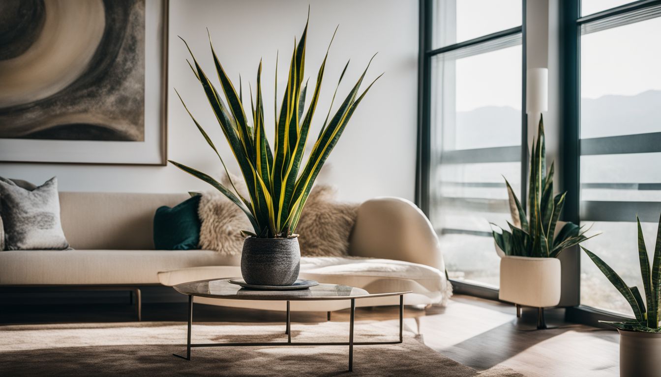 A snake plant in a modern living room with various people and styles.