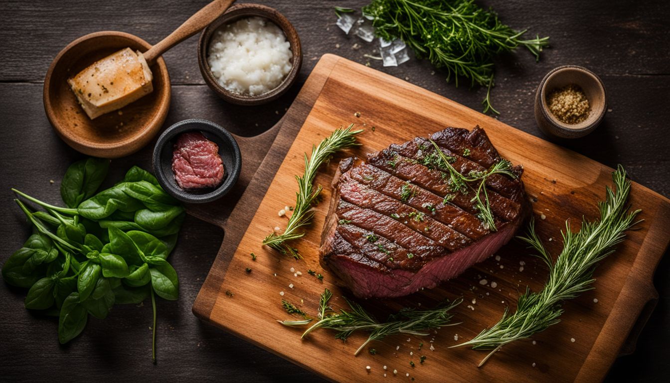 A marinated beef chuck steak on a cutting board with fresh herbs.