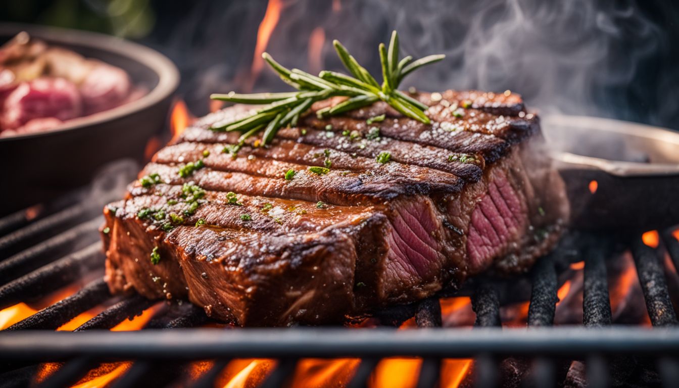 A sizzling chuck steak cooking on a grill surrounded by marinades.