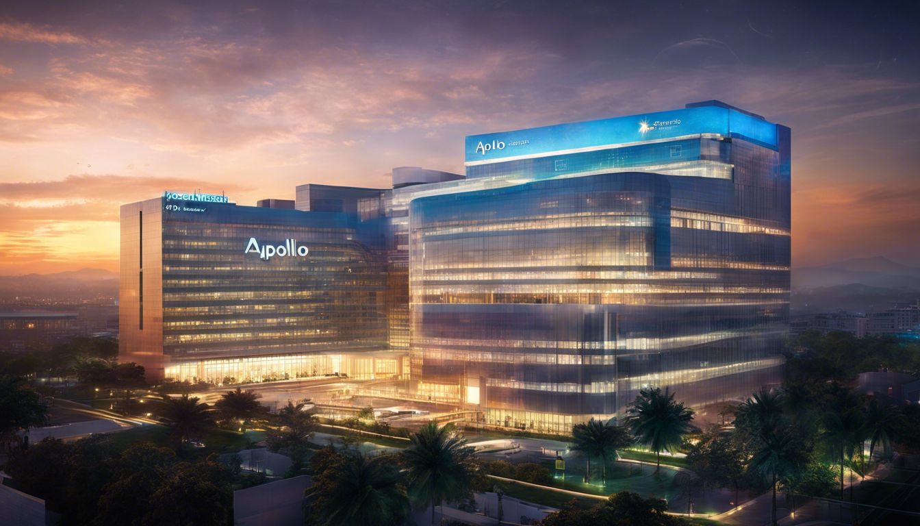 Apollo Hospitals at dusk with modern architecture and city lights.