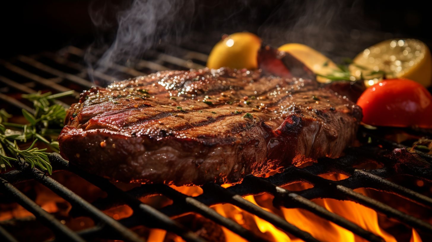 A sizzling chuck steak on a hot grill surrounded by marinade ingredients.