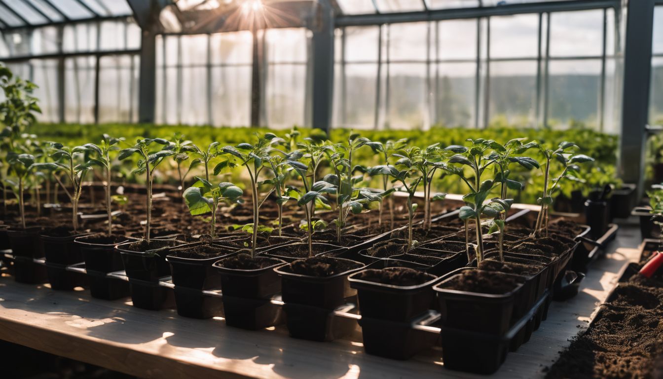 Lush tomato seedlings in a sunlit greenhouse surrounded by gardening tools.