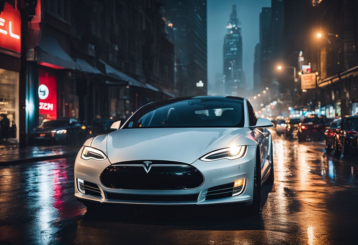 A sleek Tesla vehicle drives through a rain-soaked city with a bustling atmosphere and diverse people.