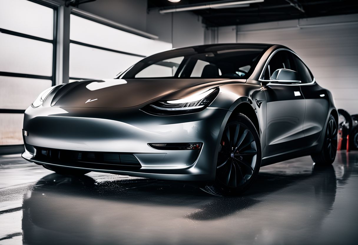 A Tesla Model 3 parked in a clean garage with water droplets, showcasing automotive photography.