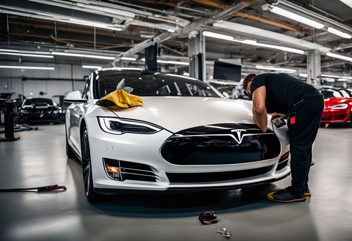 A technician is repairing a scratch on a Tesla car in a specialized repair shop.