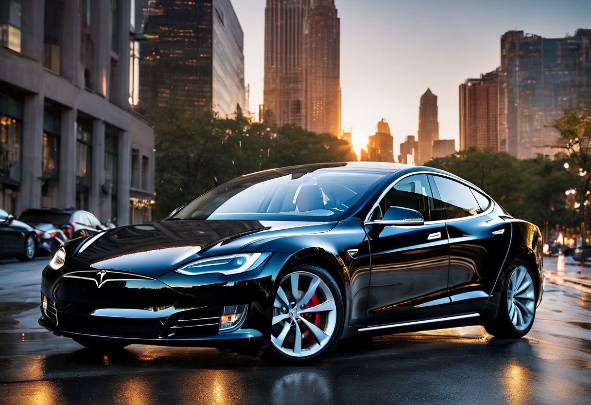 A Tesla Model S with water droplets on its sleek exterior is captured in a bustling cityscape.