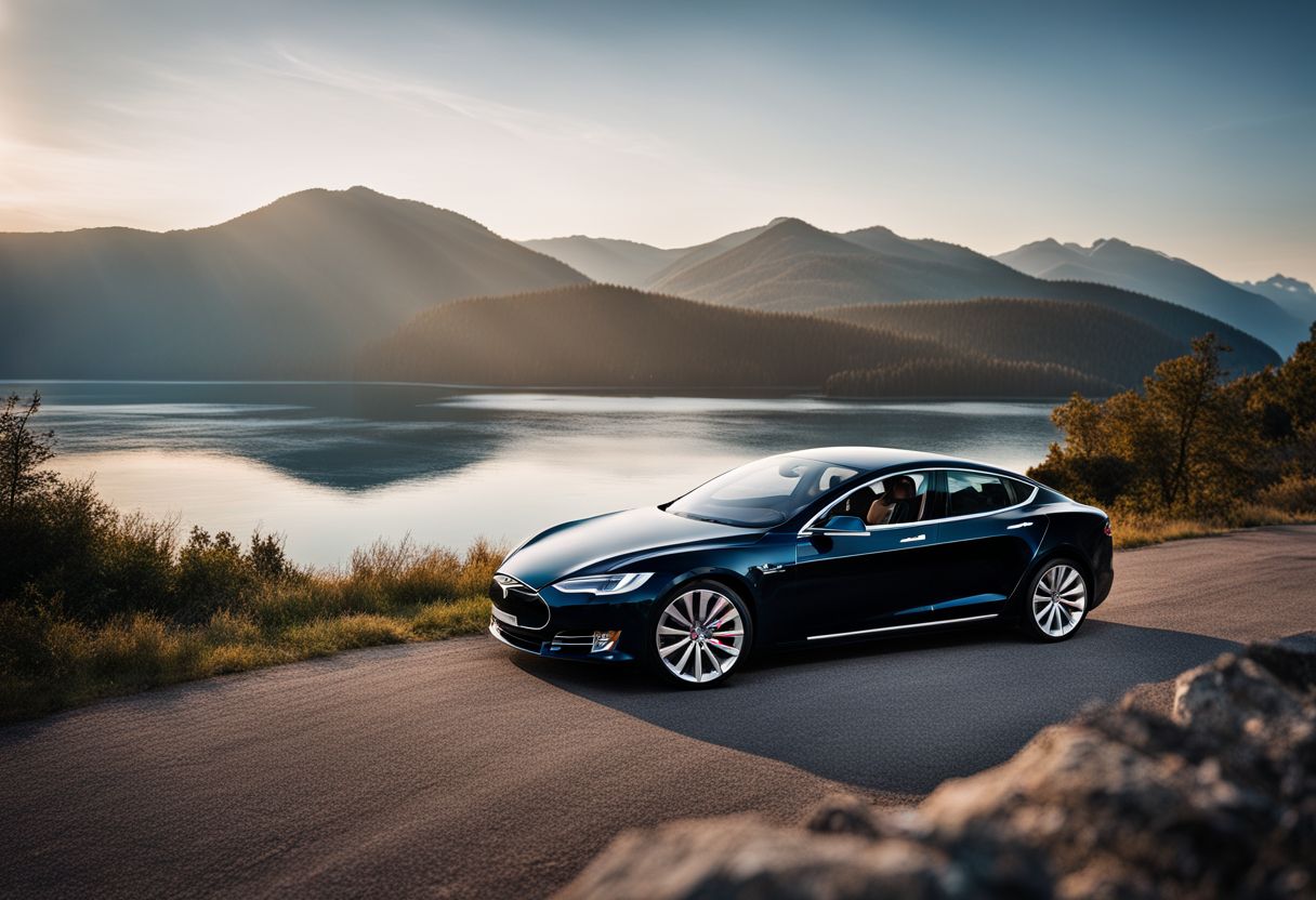 A Tesla Model S parked in front of a crystal-clear lake with a bustling atmosphere.