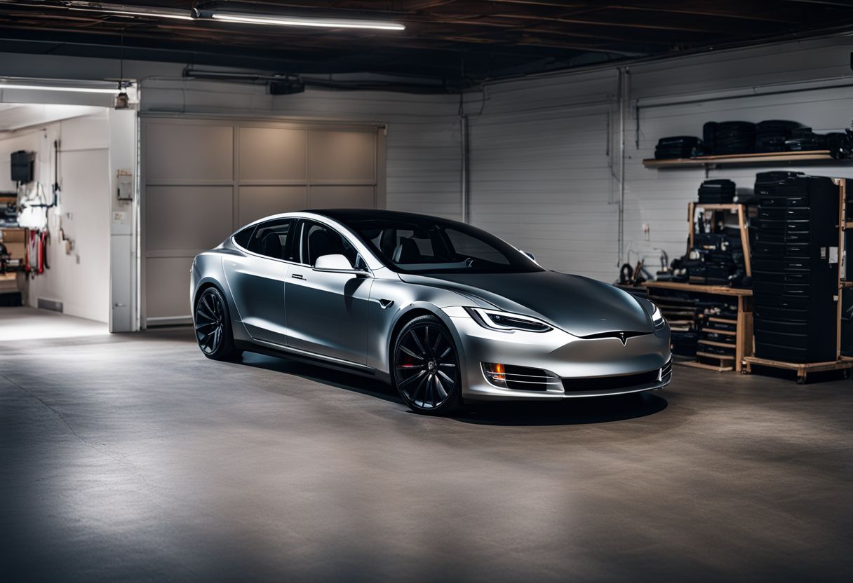 A Tesla electric car parked in a garage, with various people nearby and professional photography techniques used.
