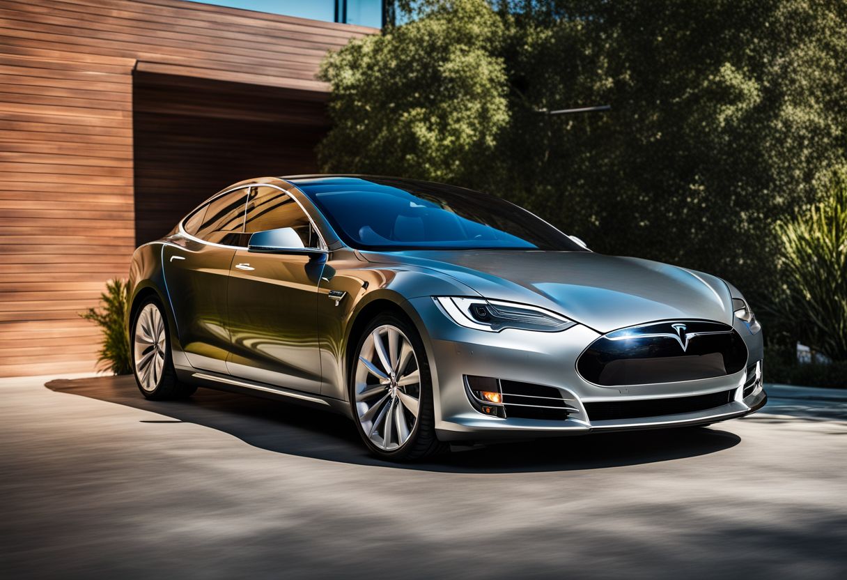 A vibrant Tesla Model S shines under the sunlight in a bustling atmosphere.