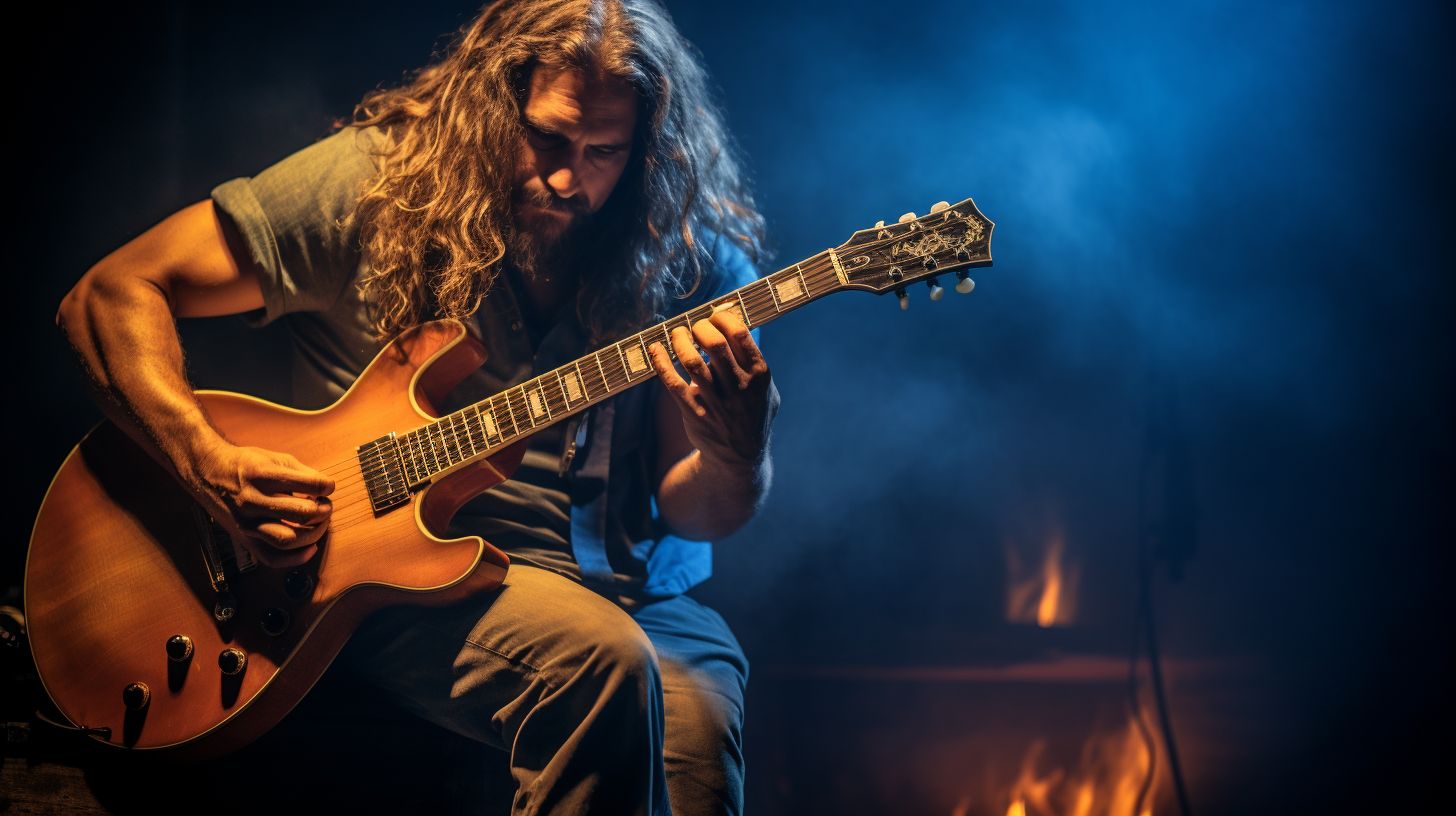 Een linkshandige gitarist speelt zelfverzekerd op een podium voor een ondersteunend publiek.