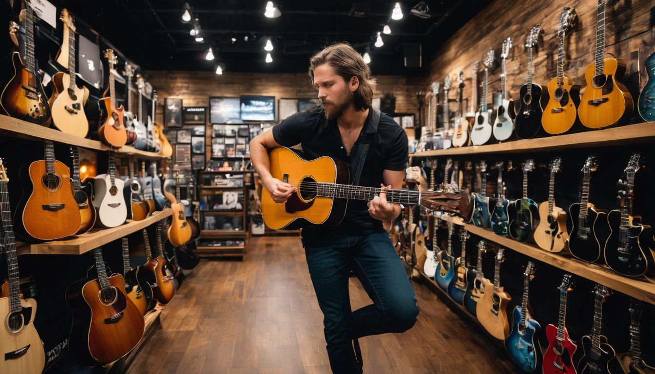 Een linkshandige gitarist probeert verschillende gitaren uit in een muziekwinkel.
