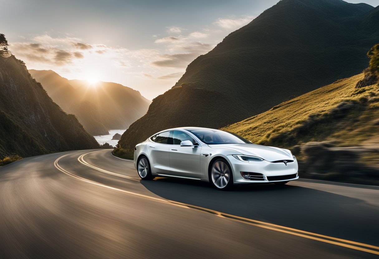 A Tesla Model S driving along a picturesque coastal road with a bustling atmosphere.