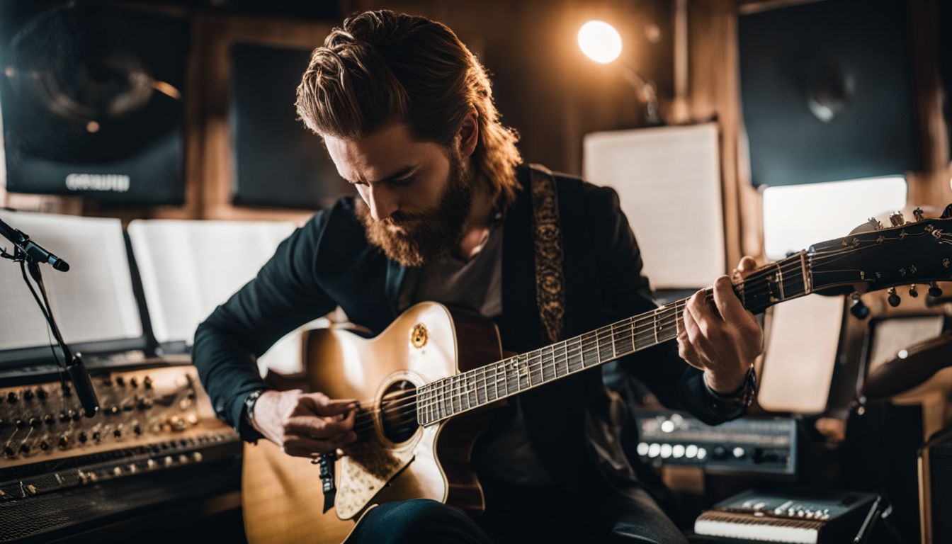 Een linkshandige gitarist speelt in een muziekstudio omringd door apparatuur.