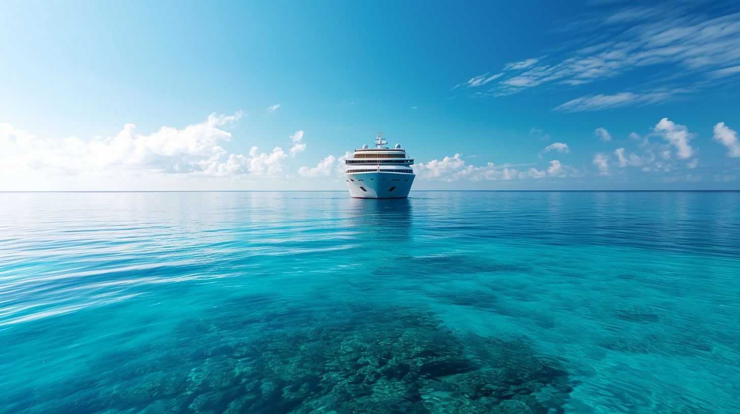 A cruise ship sails through clear blue waters in the ocean.