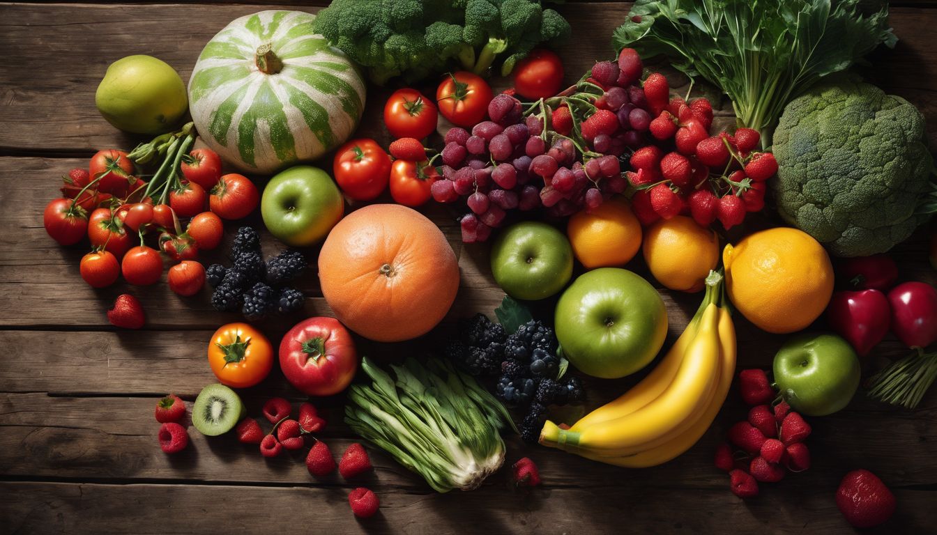 Een verscheidenheid aan vezelrijke fruit en groenten op een rustieke houten tafel.
