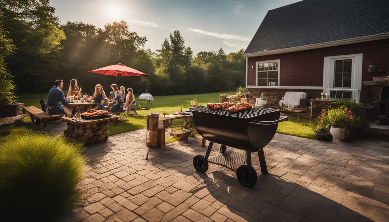 A classic backyard cookout scene with a barbeque pit.