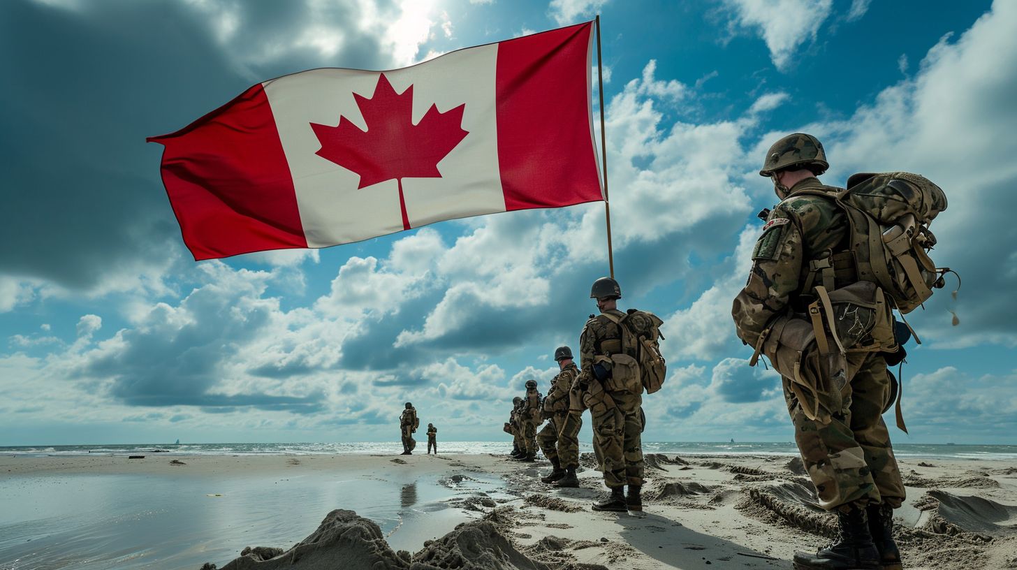 Canadian soldiers standing at Juno Beach with the Canadian flag.
