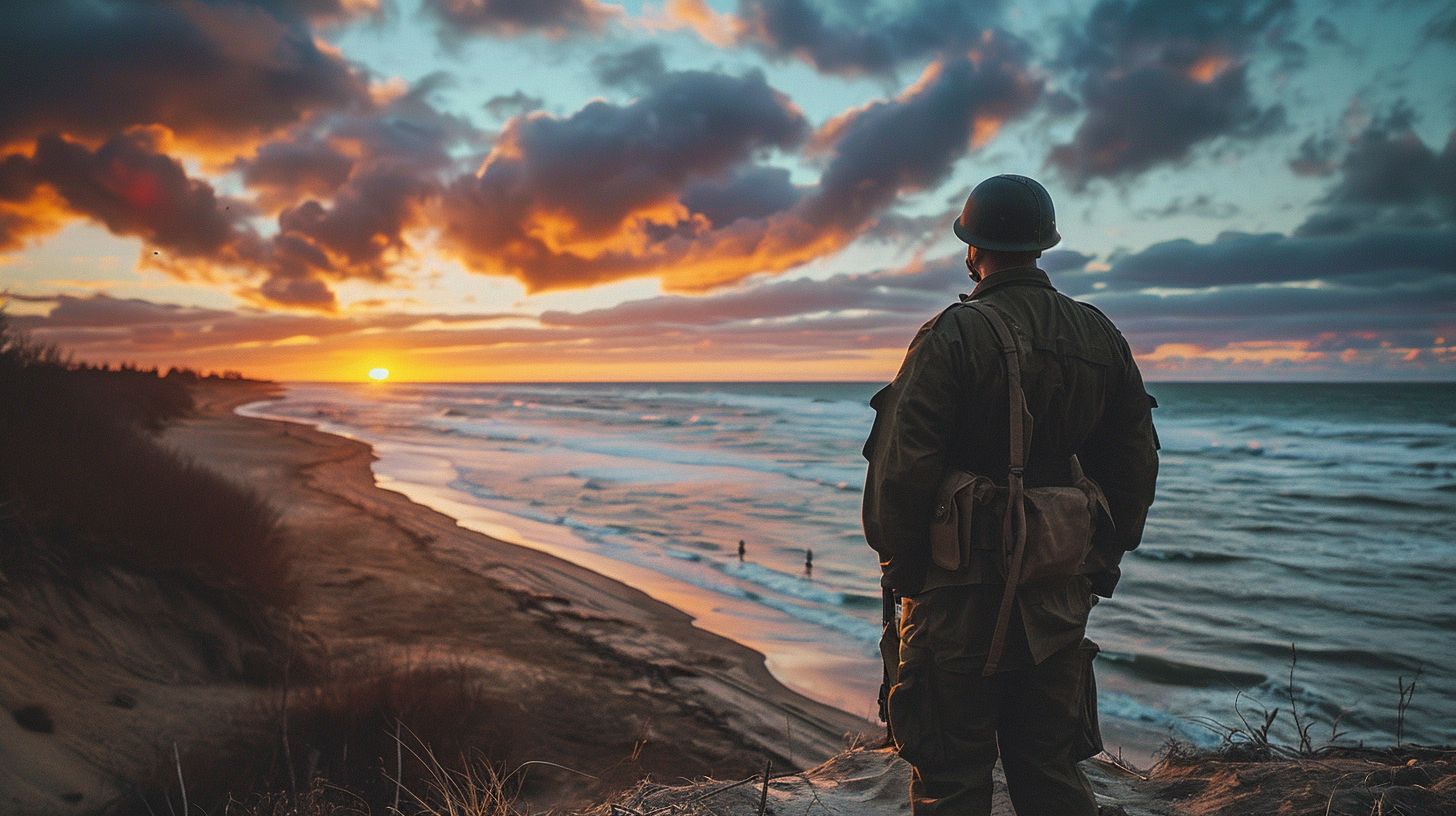 A Canadian soldier looks out over Juno Beach at sunset.